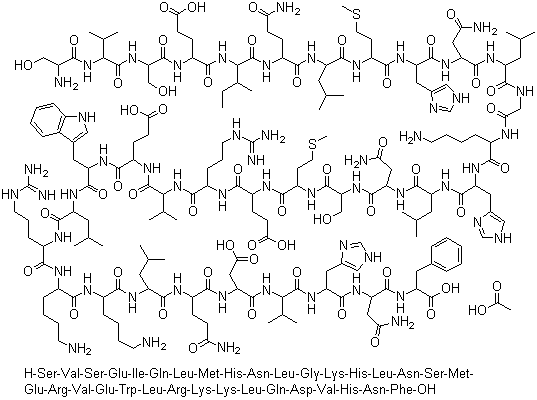 CAS # 52232-67-4, Teriparatide acetate, (4S)-4-[[(2S)-2-[[(2S)-2-[[(2S)-4-amino-2-[[(2S)-2-[[(2S)-2-[[(2S)-6-amino-2-[[2-[[(2S)-2-[[(2S)-4-amino-2-[[(2S)-2-[[(2S)-2-[[(2S)-2-[[(2S)-5-amino-2-[[(2S,3S)-2-[[(2S)-2-[[(2S)-2-[[(2S)-2-[[(2S)-2-amino-3-hydroxypropanoyl]amino]-3-methylbutanoyl]amino]-3-hydroxypropanoyl]amino]-4-carboxybutanoyl]amino]-3-methylpentanoyl]amino]-5-oxopentanoyl]amino]-4-methylpentanoyl]amino]-4-methylsulfanylbutanoyl]amino]-3-(1H-imidazol-4-yl)propanoyl]amino]-4-oxobutanoyl]amino]-4-methylpentanoyl]amino]acetyl]amino]hexanoyl]amino]-3-(1H-imidazol-4-yl)propanoyl]amino]-4-methylpentanoyl]amino]-4-oxobutanoyl]amino]-3-hydroxypropanoyl]amino]-4-methylsulfanylbutanoyl]amino]-5-[[(2S)-1-[[(2S)-1-[[(2S)-1-[[(2S)-1-[[(2S)-1-[[(2S)-1-[[(2S)-6-amino-1-[[(2S)-6-amino-1-[[(2S)-1-[[(2S)-5-amino-1-[[(2S)-1-[[(2S)-1-[[(2S)-1-[[(2S)-4-amino-1-[[(1S)-1-carboxy-2-phenylethyl]amino]-1,4-dioxobutan-2-yl]amino]-3-(1H-imidazol-4-yl)-1-oxopropan-2-yl]amino]-3-methyl-1-oxobutan-2-yl]amino]-3-carboxy-1-oxopropan-2-yl]amino]-1,5-dioxopentan-2-yl]amino]-4-methyl-1-oxopentan-2-yl]amino]-1-oxohexan-2-yl]amino]-1-oxohexan-2-yl]amino]-5-carbamimidamido-1-oxopentan-2-yl]amino]-4-methyl-1-oxopentan-2-yl]amino]-3-(1H-indol-3-yl)-1-oxopropan-2-yl]amino]-4-carboxy-1-oxobutan-2-yl]amino]-3-methyl-1-oxobutan-2-yl]amino]-5-carbamimidamido-1-oxopentan-2-yl]amino]-5-oxopentanoic acid