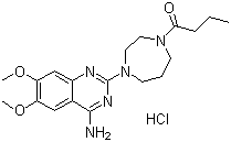 CAS # 52712-76-2, Bunazosin hydrochloride, 1-[4-(4-Amino-6,7-dimethoxyquinazolin-2-yl)-1,4-diazepan-1-yl]butan-1-one hydrochloride