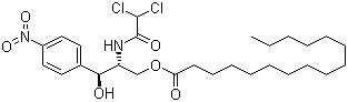 CAS # 530-43-8, Chloramphenicol palmitate, (2R,3R)-2-[(2,2-Dichloroacetyl)amino]-3-hydroxy-3-(4-nitrophenyl)propyl hexadecanoate