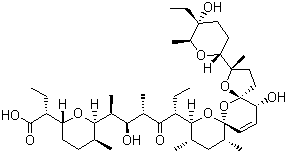 CAS # 53003-10-4, Salinomycin, (2R)-2-((5S)-6-{5-[(10S,12R)-2-((6S,5R)-5-Ethyl-5-hydroxy-6-methylperhydro-2H-pyran-2-yl)-15-hydroxy-2,10,12-trimethyl-1,6,8-trioxadispiro[4.1.5.3]pentadec-13-en-9-yl](1S,2S,3S,5R)-2-hydroxy-1,3-dimethyl-4-oxoheptyl}-5-methylperhydro-2H-pyran-2-yl)butanoic acid
