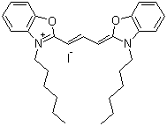 CAS # 53213-82-4, 3,3'-Dihexyloxacarbocyanine iodide, 3-Hexyl-2-[3-[3-hexyl-2(3H)-benzoxazolylidene]-1-propenyl]benzoxazolium iodide