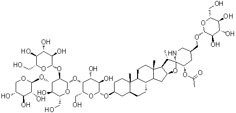 CAS # 532387-86-3, Esculeoside A, (3beta,5alpha,22alpha,23S,25S)-23-(Acetyloxy)-27-(beta-D-glucopyranosyloxy)spirosolan-3-yl O-beta-D-glucopyranosyl-(1→2)-O-[beta-D-xylopyranosyl-(1→3)]-O-beta-D-glucopyranosyl-(1→4)-beta-D-galactopyranoside, 3-O-beta-lycotetraosyl (5S,22S,23S,25S)-23-acetoxy-3beta,27-dihydroxyspirosolane 27-O-beta-D-glucopyranoside