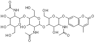 CAS # 53643-13-3, 4-Methylumbelliferyl N,N',N''-triacetyl-beta-chitotrioside, 7-[[O-2-(Acetylamino)-2-deoxy-beta-D-glucopyranosyl-(1→4)-O-2-(acetylamino)-2-deoxy-beta-D-glucopyranosyl-(1→4)-2-(acetylamino)-2-deoxy-beta-D-glucopyranosyl]oxy]-4-methyl-2H-1-benzopyran-2-one