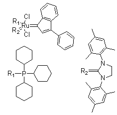 structure of CAS# 536724-67-1, [1,3-Bis(2,4,6-trimethylphenyl)-2-imidazolidinylidene]dichloro-(3-phenyl-1H-inden-1-ylidene)(tricyclohexylphosphine)ruthenium(II)