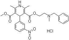 CAS # 54527-84-3, Nicardipine hydrochloride, Methyl 2-(benzyl-methyl-amino)ethyl 2,6-dimethyl-4-(3-nitrophenyl)-1,4-dihydropyridine-3,5-dicarboxylate hydrochloride