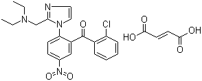 CAS 登录号：54533-86-7, 富马酸尼唑苯酮, 2'-氯-2-(2-二乙胺基甲基-1-咪唑基)-5-硝基二苯甲酮富马酸盐