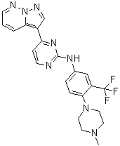 CAS 登录号：551919-98-3, N-[4-(4-甲基-1-哌嗪基)-3-(三氟甲基)苯基]-4-(吡唑并[1,5-b]哒嗪-3-基)-2-嘧啶胺