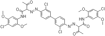 CAS 登录号：5567-15-7, 颜料黄 83, 永固黄 HR, 2,2'-(3,3'-二氯-1,1'-联苯-4,4'-双偶氮)双[N-(4-氯-2,5-二甲氧基苯基)-3-氧代-丁酰胺]