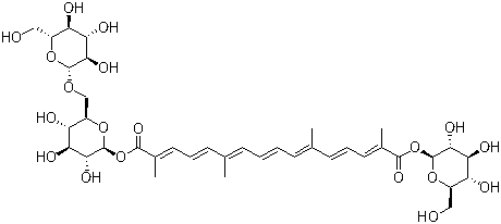 CAS # 55750-84-0, Crocin II, Crocin 3, Crocin B, Tricrocin, beta-D-Glucopyranose 6-O-beta-D-glucopyranosyl-1-[(2E,4E,6E,8E,10E,12E,14E)-beta-D-glucopyranosyl 2,6,11,15-tetramethyl-2,4,6,8,10,12,14-hexadecaheptaenedioate]
