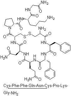 CAS # 56-59-7, Felypressin, 2-L-Phenylalanine-8-L-lysine-vasopressin, N-[5-Amino-1-(carbamoylmethylcarbamoyl)pentyl]-1-[19-amino-13,16-dibenzyl-10-(2-carbamoylethyl)-7-(carbamoylmethyl)-6,9,12,15,18-pentaoxo-1,2-dithia-5,8,11,14,17-pentazacycloicosane-4-carbonyl]pyrrolidine-2-carboxamide