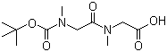 CAS # 56612-14-7, 2-(2-((tert-Butoxycarbonyl)(methyl)amino)-N-methylacetamido)acetic acid, [N-[2-(N-((tert-Butoxy)carbonyl)-N-methylamino)acetyl]-N-methylamino]acetic acid, N-[(tert-Butoxy)carbonyl]-N-methylglycyl-N-methylglycine