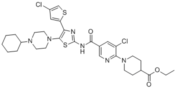 structure of CAS# 570403-14-4, Ethyl 1-(3-chloro-5-((4-(4-chlorothiophen-2-yl)-5-(4-cyclohexylpiperazin-1-yl)thiazol-2-yl)carbamoyl)pyridin-2-yl)piperidine-4-carboxylate