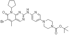 structure of CAS# 571188-82-4, 4-[6-[(6-溴-8-环戊基-7,8-二氢-5-甲基-7-氧代吡啶并[2,3-d]嘧啶-2-基)氨基]-3-吡啶基]-1-哌嗪羧酸叔丁酯