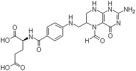 CAS # 58-05-9, Folinic acid, Leucovorin, 5-Formyl-5,6,7,8-tetrahydrofolate, (2S)-2-[[4-[(2-Amino-5-formyl-4-oxo-1,6,7,8-tetrahydropteridin-6-yl)methylamino]benzoyl]amino]pentanedioic acid