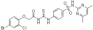 structure of CAS# 587841-73-4, 2-(4-Bromo-2-chlorophenoxy)-N-[[[4-[[(4,6-dimethyl-2-pyrimidinyl)amino]sulfonyl]phenyl]amino]thioxomethyl]acetamide