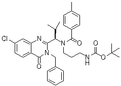structure of CAS# 587881-28-5, (R)-[3-[[1-(3-苄基-7-氯-4-氧代-3,4-二氢喹唑啉-2-基)-2-甲基丙基](4-甲基苯甲酰基)氨基]丙基]氨基甲酸叔丁酯