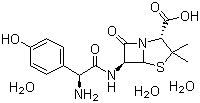 CAS 登录号：61336-70-7, 阿莫西林三水物, 羟氨苄青霉素三水物, 6-[2-氨基-2-(4-羟基苯基)乙酰氨基]-3,3-二甲基-7-氧代-4-硫杂-1-氮杂双环[3.2.0]庚烷-2-甲酸三水物