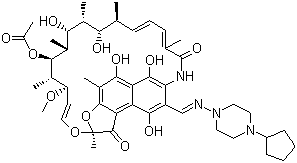 CAS # 61379-65-5, Rifapentine, 3{[(4-Cyclopentyl-1-piperazinyl)imino]methyl}rifamycin