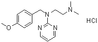CAS # 63-56-9, Thonzylamine hydrochloride, N-p-Methoxybenzyl-N',N'-dimethyl-N-2-pyrimidinylethylene diamine hydrochloride, NH 188, Neohetramine hydrochloride, Resistab, Super Anahist