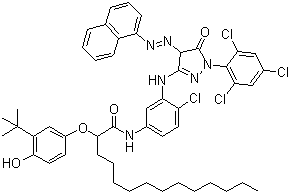 CAS # 63089-83-8, 2-(3-tert-Butyl-4-hydroxyphenoxy)-N-(4-chloro-3-((4,5-dihydro-4-(1-naphthylazo)-5-oxo-1-(2,4,6-trichlorophenyl)-1H-pyrazol-3-yl)amino)phenyl)myristamide, 2-(3-tert-Butyl-4-hydroxyphenoxy)-N-[4-chloro-3-[[4-naphthalen-1-yldiazenyl-5-oxo-1-(2,4,6-trichlorophenyl)-4H-pyrazol-3-yl]amino]phenyl]tetradecanamide