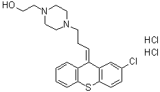 CAS # 633-59-0, Clopenthixol dihydrochloride, AY 62021, Ciatyl, N 746, Sordenac, alpha-Clopenthixol dihydrochloride, 4-[3-(2-Chloro-9H-thioxanthen-9-ylidene)propyl]-1-piperazineethanol dihydrochloride