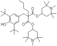 structure of CAS# 63843-89-0, Bis(1,2,2,6,6-pentamethyl-4-piperidyl) [[3,5-bis(1,1-dimethylethyl)-4-hydroxyphenyl]methyl]butylmalonate