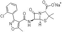 CAS # 642-78-4, Sodium cloxacillin, Cloxacillin sodium salt, (2S,5R,6R)-6-[[[3-(2-Chlorophenyl)-5-methyl-4-isoxazolyl]carbonyl]amino]-3,3-dimethyl-7-oxo-4-thia-1-azabicyclo[3.2.0]heptane-2-carboxylic acid monosodium salt