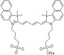 CAS # 64285-36-5, 2-[5-[1,1-Dimethyl-3-(4-sulfobutyl)-1,3-dihydrobenzo[e]indol-2-ylidene]penta-1,3-dienyl]-1,1-dimethyl-3-(4-sulfobutyl)-1H-benzo[e]indolium inner salt sodium salt