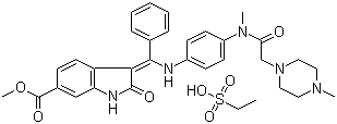 structure of CAS# 656247-18-6, (3Z)-2,3-Dihydro-3-[[[4-[methyl[2-(4-methyl-1-piperazinyl)acetyl]amino]phenyl]amino]phenylmethylene]-2-oxo-1H-indole-6-carboxylic acid methyl ester ethanesulfonate