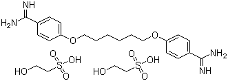 CAS # 659-40-5, Hexamidine diisethionate, Hexamidine 2-hydroxyethansulfonate, 4-[6-(4-Carbamimidoylphenoxy)hexoxy]benzenecarboximidamide 2-hydroxyethanesulfonnate (1:2)