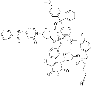 CAS # 67221-73-2, N-Benzoyl-5'-O-[bis(4-methoxyphenyl)phenylmethyl]-P-(4-chlorophenyl)-2'-deoxycytidylyl-(3'→5')-3'-thymidylic acid 4-chlorophenyl 2-cyanoethyl ester