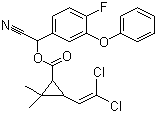 CAS # 68359-37-5, Cyfluthrin, Cyano(4-fluoro-3-phenoxyphenyl)methyl 3-(2,2-dichloroethenyl)-2,2-dimethylcyclopropanecarboxylate, BAY-FCR 1272, Baythroid H, BAY-V1 1704, beta-Cyfluthrin, Bulldock, Cyfoxylate, Eulan SP, FCR 1272, FCR 4545, Sofac, Tempo 2