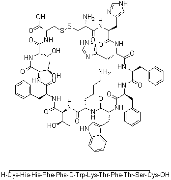 CAS # 68463-41-2, L-Cysteinyl-L-histidyl-L-histidyl-L-phenylalanyl-L-phenylalanyl-D-tryptophyl-L-lysyl-L-threonyl-L-phenylalanyl-L-threonyl-L-seryl-L-cysteine cyclic (1→12)-disulfide, Wy 41747