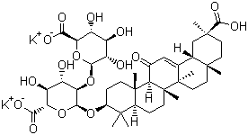 CAS # 68797-35-3, Dipotassium glycyrrhizinate, Dipotassium (2S,3S,4S,5R,6R)-6-[(2S,3R,4S,5S,6S)-2-[[(3S,4aR,6aR,6bS,8aS,11S,12aR,14aR,14bS)-11-carboxy-4,4,6a,6b,8a,11,14b-heptamethyl-14-oxo-2,3,4a,5,6,7,8,9,10,12,12a,14a-dodecahydro-1H-picen-3-yl]oxy]-6-carboxylato-4,5-dihydroxyoxan-3-yl]oxy-3,4,5-trihydroxyoxane-2-carboxylate