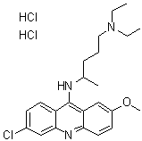 CAS # 69-05-6, Quinacrine dihydrochloride, 6-Chloro-9-[[4-(diethylamino)-1-methylbutyl]amino]-2-methoxyacridine dihydrochloride, 866RP, Acrichin dihydrochloride, Atabrine hydrochloride, Atebrin, Atebrine, Atebrine hydrochloride