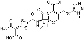 CAS 登录号：69712-56-7, 头孢替坦酸, (6R,7S)-7-[[4-(1-氨基-3-羟基-1,3-二氧代丙烷-2-基亚基)1,3-二硫杂环丁烷-2-甲酰]氨基]-7-甲氧基-3-[(1-甲基四唑-5-基)硫甲基]-8-氧代-5-硫杂-1-氮杂双环[4.2.0]辛-2-烯-2-甲酸