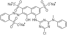 CAS # 70210-20-7, Reactive Red 24, Trisodium 5-[[4-chloro-6-(methylphenylamino)-1,3,5-triazin-2-yl]amino]-4-hydroxy-3-[(2-sulphonatophenyl)azo]naphthalene-2,7-disulphonate