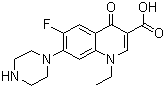 CAS # 70458-96-7, Norfloxacin, Noroxin, Baccidal, Chibroxin, Floxacin 400, Noroxin, Norphloxacine, N-Desmethylpefloxacin, 1-Ethyl-6-fluoro-1,4-dihydro-4-oxo-7-(1-piperazinyl)-3-quinolinecarboxylic acid