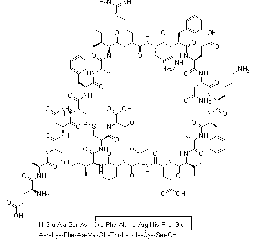 CAS # 717122-86-6, L-alpha-Glutamyl-L-alanyl-L-seryl-L-asparaginyl-L-cysteinyl-L-phenylalanyl-L-alanyl-L-isoleucyl-L-arginyl-L-histidyl-L-phenylalanyl-L-alpha-glutamyl-L-asparaginyl-L-lysyl-L-phenylalanyl-L-alanyl-L-valyl-L-alpha-glutamyl-L-threonyl-L-leucyl-L-isoleucyl-L-cysteinyl-L-serine cyclic (5→22)-disulfide