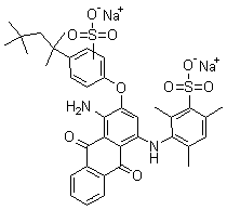 CAS # 72243-90-4, 3-[[4-Amino-9,10-dihydro-9,10-dioxo-3-[sulfo-4-(1,1,3,3-tetramethylbutyl)phenoxy]-1-anthracenyl]amino]-2,4,6-trimethyl-benzenesulfonic acid disodium salt
