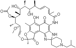 CAS # 72559-06-9 (76609-88-6), Rifabutin, Collagen proline hydroxylase inhycobutin, (9S,12E,14S,15R,16S,17R,18R,19R,20S,21S,22E,24Z)-6,16,18,20-Tetrahydroxy-1'-isobutyl-14-methoxy-7,9,15,17,19,21,25-hepta-methyl-spiro[9,4-(epoxypentadeca[1,11,13]trienimino)-2H-furo-[2',3':7,8]-naphth[1,2-d]imidazol-2,4'-piperidin]-5,10,26-(3H,9H)-trione