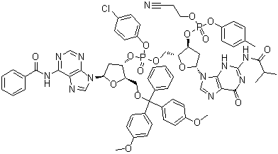 CAS # 73591-23-8, N-Benzoyl-5'-O-[bis(4-methoxyphenyl)phenylmethyl]-P-(4-chlorophenyl)-2'-deoxyadenylyl-(3'→5')-2'-deoxy-N-(2-methyl-1-oxopropyl)-3'-guanylic acid 4-chlorophenyl 2-cyanoethyl ester