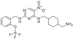 CAS # 736048-65-0, PKC-theta inhibitor, 4-N-[[4-(aminomethyl)cyclohexyl]methyl]-5-nitro-2-N-[[2-(trifluoromethoxy)phenyl]methyl]pyrimidine-2,4-diamine
