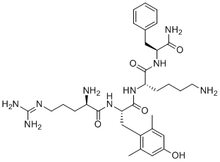 CAS # 736992-21-5, Elamipretide, (2S)-6-amino-2-[[(2S)-2-[[(2R)-2-amino-5-(diaminomethylideneamino)pentanoyl]amino]-3-(4-hydroxy-2,6-dimethylphenyl)propanoyl]amino]-N-[(2S)-1-amino-1-oxo-3-phenylpropan-2-yl]hexanamide