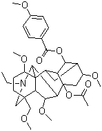 CAS # 73870-35-6, Vilmorrianine C, Foresaconitine, Forresaconitine, 11aH-12,3,6a-Ethanylylidene-7,9-methanonaphth[2,3-b]azocine, aconitane-8,14-diol deriv., 3,13,15-Trideoxyjesaconitine, Chasmanine 8-acetate 14-(p-methoxybenzoate)