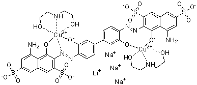 CAS # 74592-99-7, Lithium trisodium [mu-[[3,3'-[(3,3'-dihydroxy[1,1'-biphenyl]-4,4'-diyl)bis(azo)]bis[5-amino-4-hydroxy-2,7-naphthalenedisulfonato]]]]bis[2,2'-iminobis[ethanol]-N,O,O']dicuprate