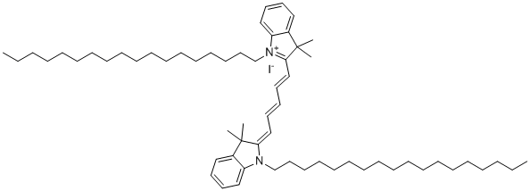 CAS # 75539-51-4, Cy5 dic18, (2E)-2-[(2E,4E)-5-(3,3-dimethyl-1-octadecylindol-1-ium-2-yl)penta-2,4-dienylidene]-3,3-dimethyl-1-octadecylindole iodide
