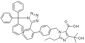 CAS # 761404-85-7, Trityl olmesartan acid, 4-(1-Hydroxy-1-methylethyl)-2-propyl-1-[[2'-[1-(triphenylmethyl)-1H-tetrazol-5-yl][1,1'-biphenyl]-4-yl]methyl]-1H-imidazole-5-carboxylic acid