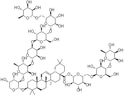 CAS # 761425-93-8, Clematichinenoside AR, (3beta)-3-[(O-6-Deoxy-alpha-L-mannopyranosyl-(1→6)-O-beta-D-glucopyranosyl-(1→4)-O-beta-D-glucopyranosyl-(1→4)-O-beta-D-ribopyranosyl-(1→3)-O-6-deoxy-alpha-L-mannopyranosyl-(1→2)-alpha-L-arabinopyranosyl)oxy]-olean-12-en-28-oic acid O-6-deoxy-alpha-L-mannopyranosyl-(1→4)-O-beta-D-glucopyranosyl-(1→6)-beta-D-glucopyranosyl ester