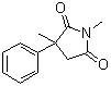CAS # 77-41-8, Methsuximid, (±)-Mesuximide, 1,3-Dimethyl-3-phenylpyrrolidine-2,5-dione, 1,3-Dimethyl-3-phenylsuccinimide, Celontin, Mesuximide, Mesuximidum, Methsuximid, Methsuximide, N,2-Dimethyl-2-phenylsuccinimide, PM 396, Petinutin, Racemic methsuximide